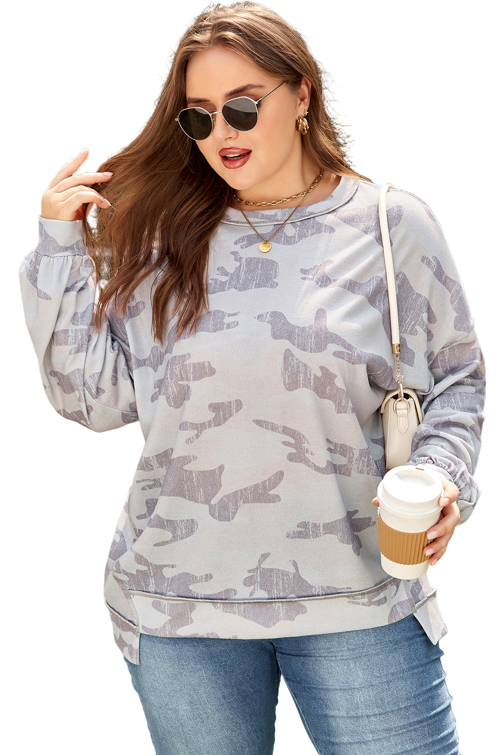 Multicolour Camouflage Print Round Neck Plus Size Sweatshirt