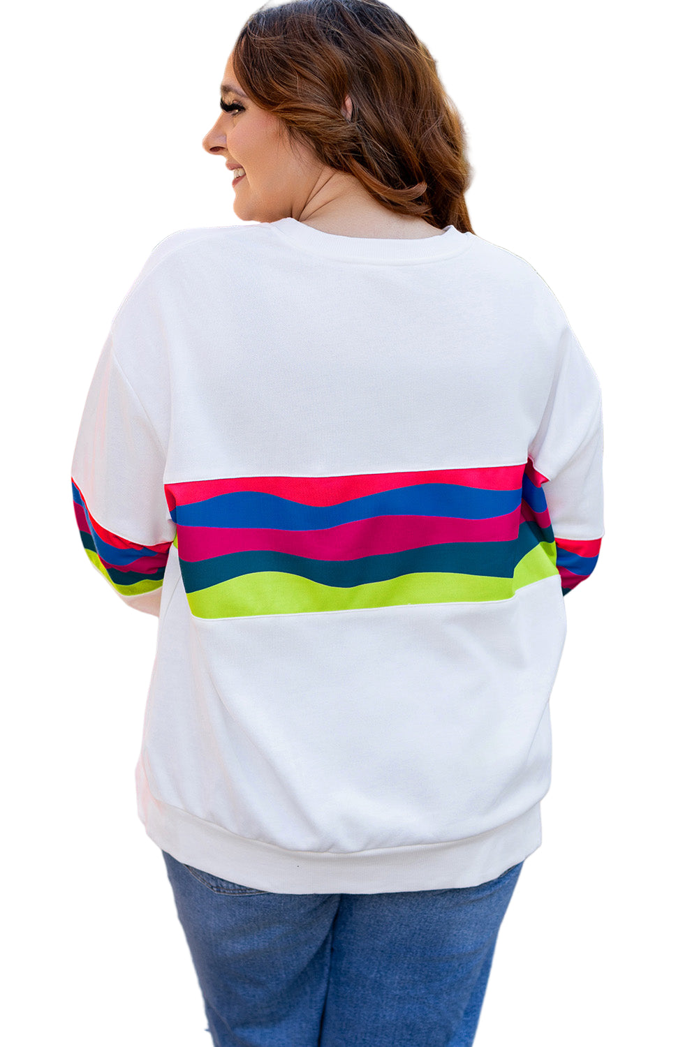 White Plus Size Colorful Striped Drop Shoulder Loose Sweatshirt