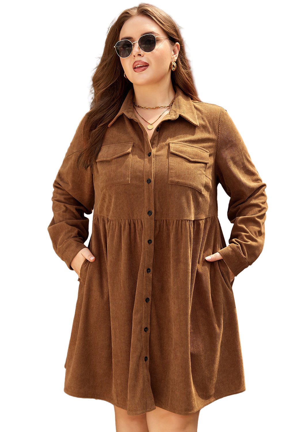 Camel Corduroy Full Buttoned Collared Shirt Style Plus Size Dress