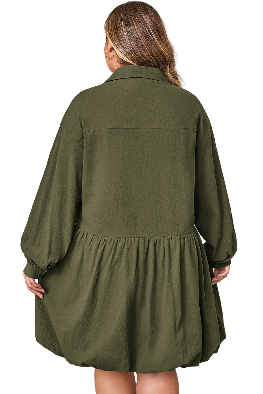 Four Leaf Clover Plus Size Collar Half Button Long Sleeve Ruffle Hem Mini Dress