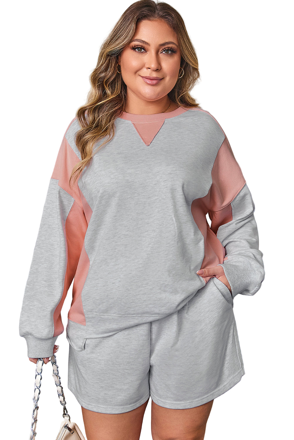 Light Grey Uneven Hem Colorblock Pullover Casual Shorts Plus Size 2pcs Outfit