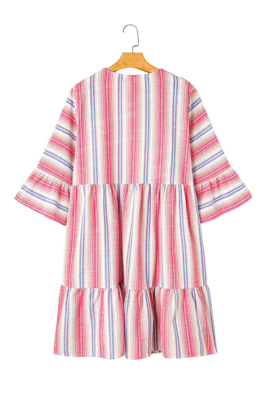 White Stripe Plus Size Embroidered Detail Flared 3/4 Sleeve V Neck Dress