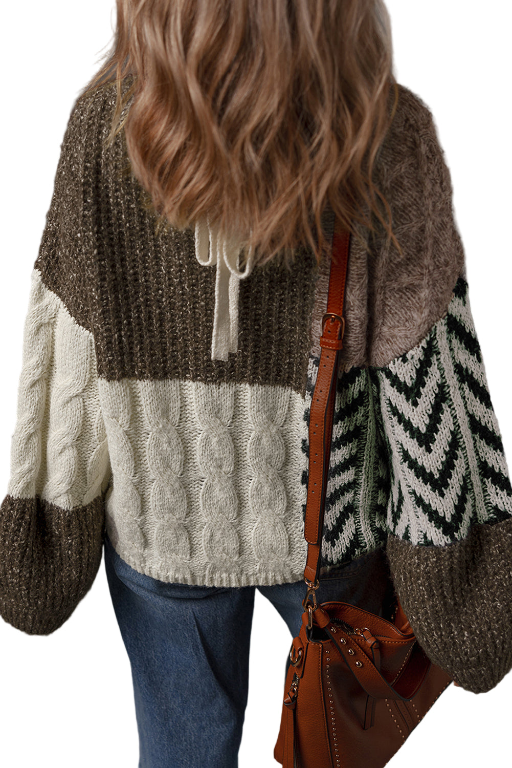 Brown Plus Size Color Block Patchwork Knotted Back Loose Fit Sweater