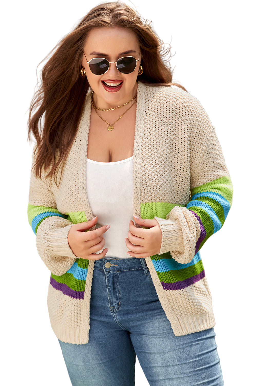 Parchment Color Block Crochet Open Front Plus Size Cardigan