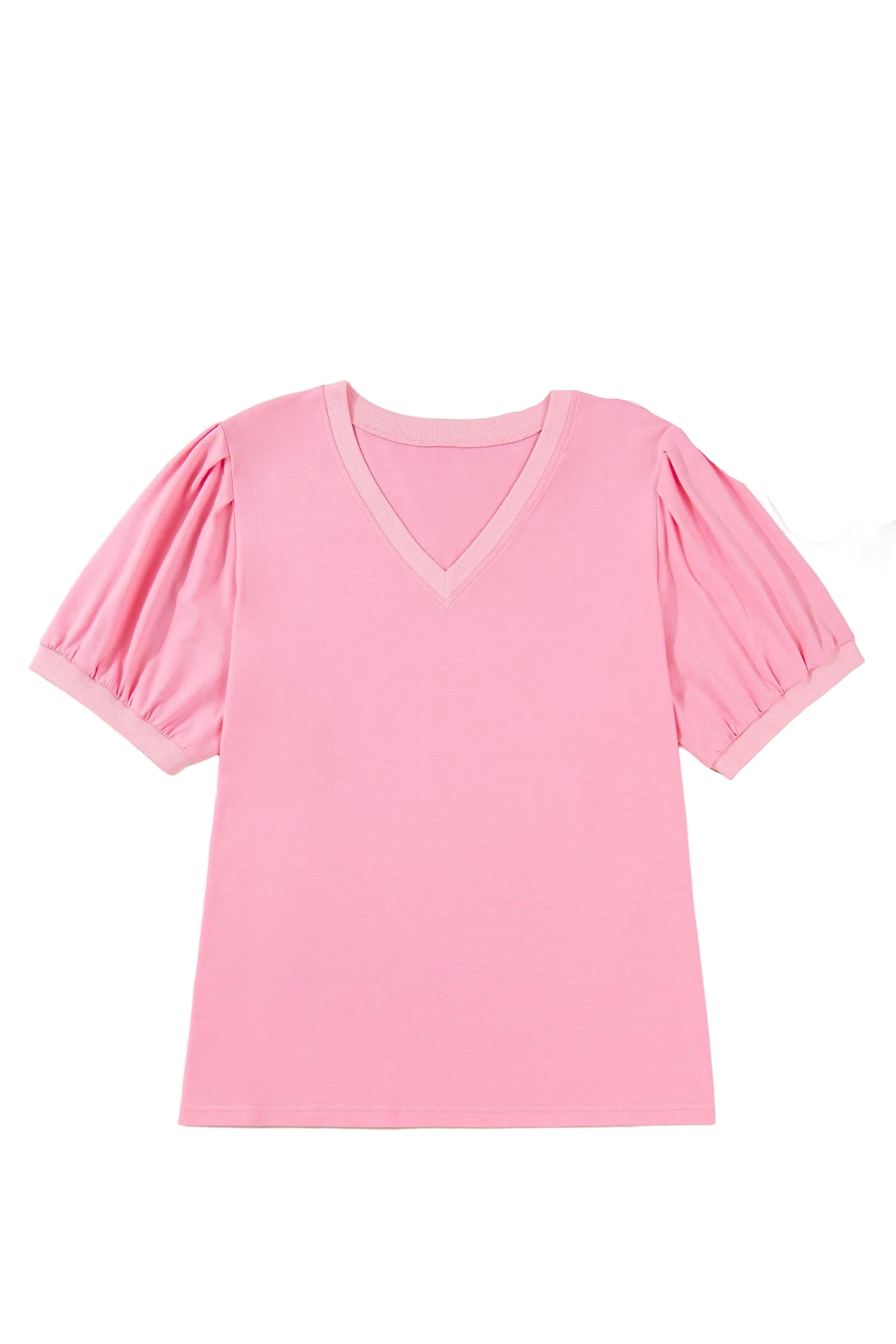 Bonbon V Neck Pleated Short Puff Sleeve Plus Size Blouse