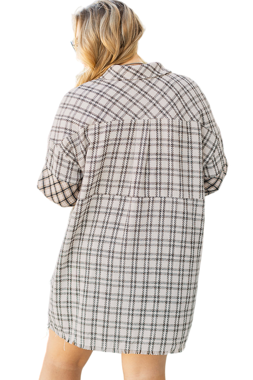 White Stripe Plus Size Plaid Buttoned Raw Hem Tunic Shirt Dress