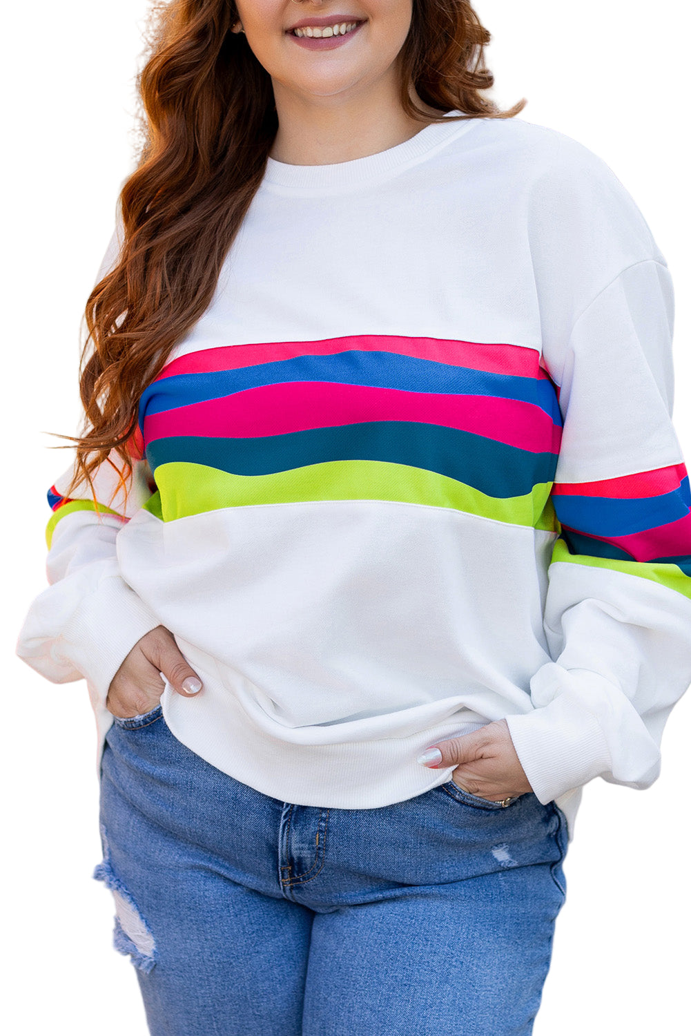 White Colorful Stripe Plus Size Sweatshirt
