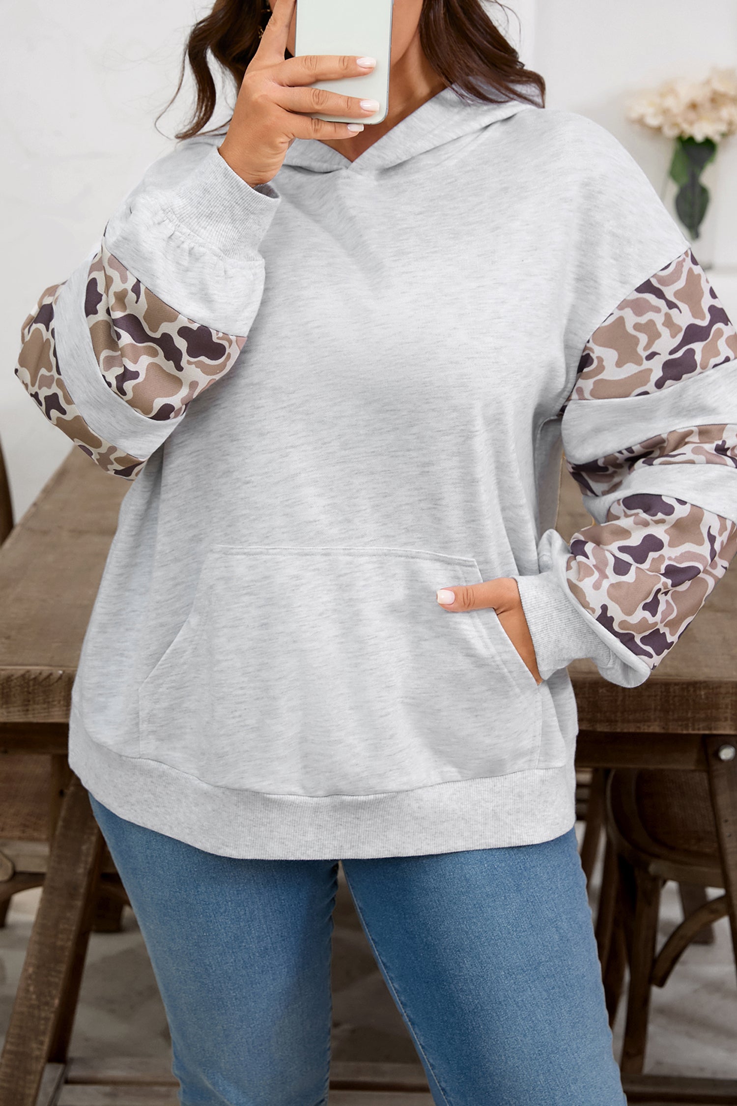 Light Grey Camouflage Patchwork Asymmetric Sleeve Plus Size Hoodie