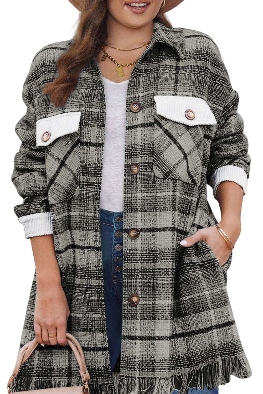 Gray Plus Size Macrame Plaid Coat