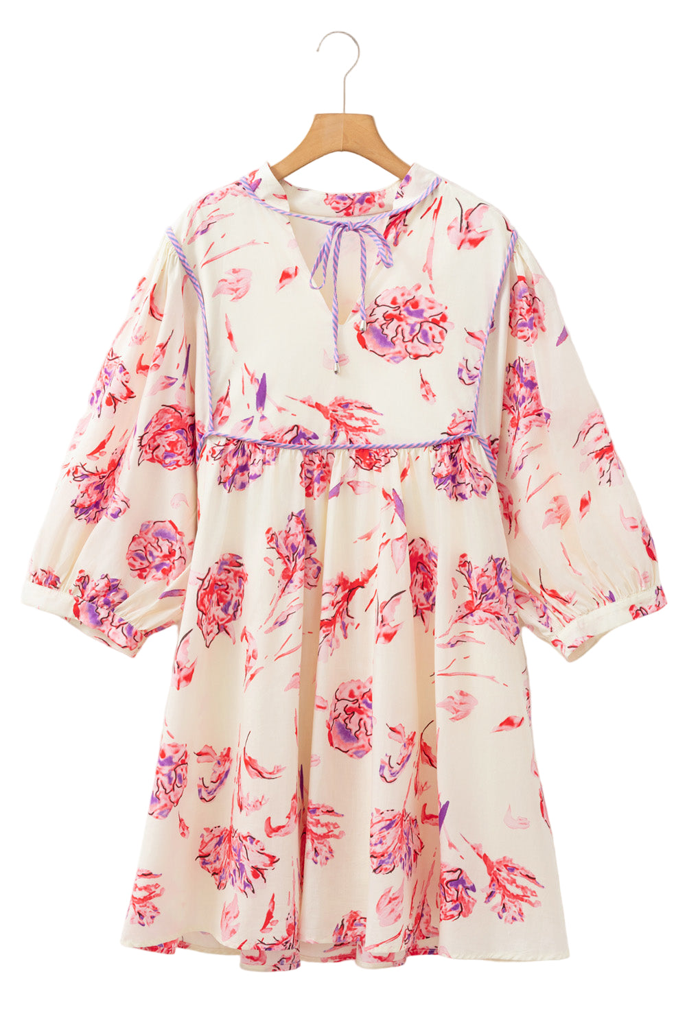 White Floral Print Lace up V Neck Balloon Sleeve Plus Size Shift Mini Dress