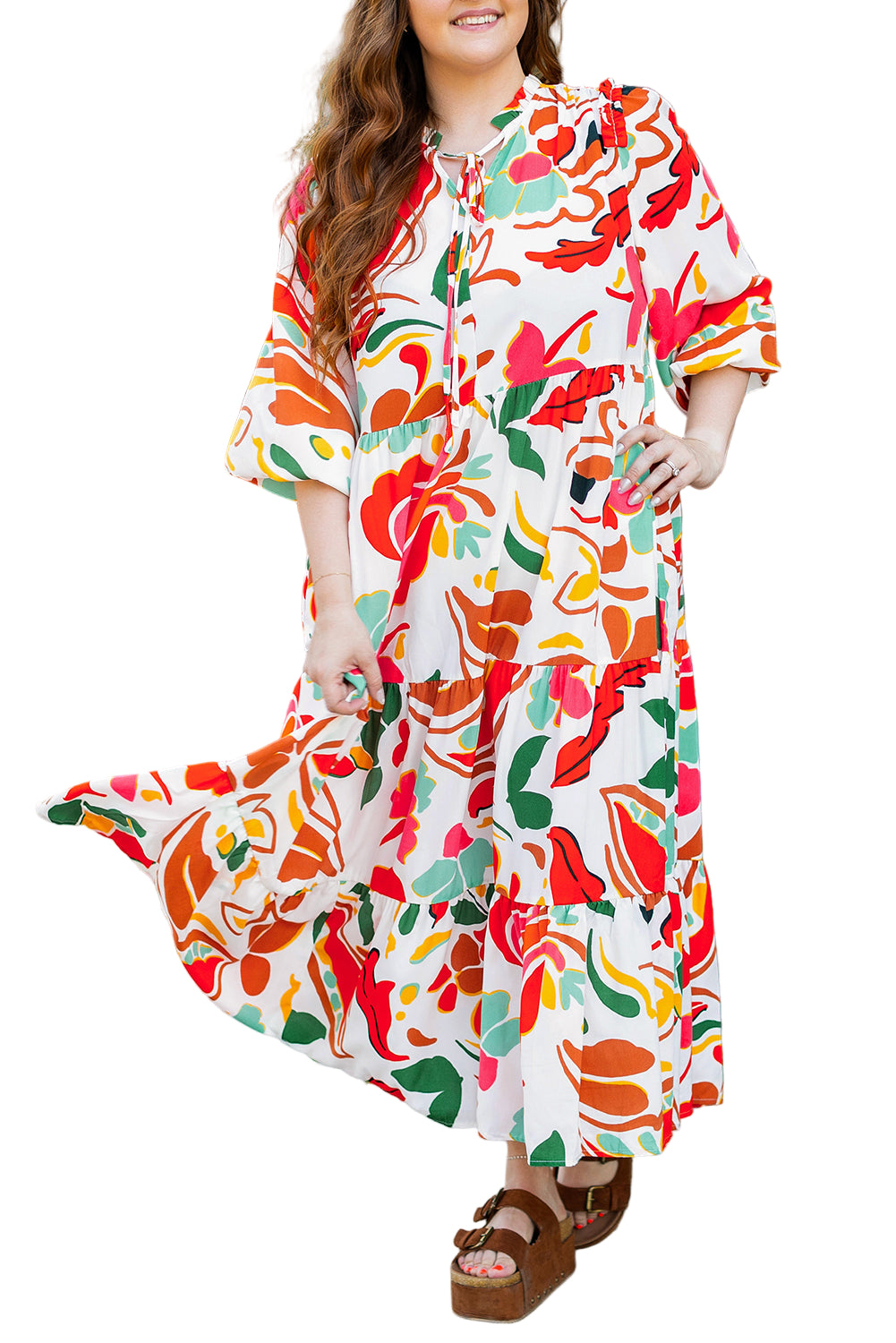 Orange Floral Print Drawstring V Neck Tiered Plus Size Dress