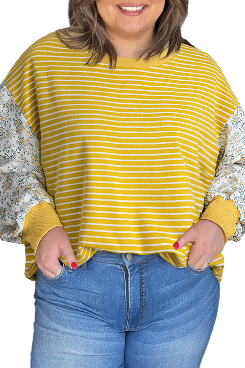 Yellow Striped Floral Patchwork Sleeve Plus Size Loose Top