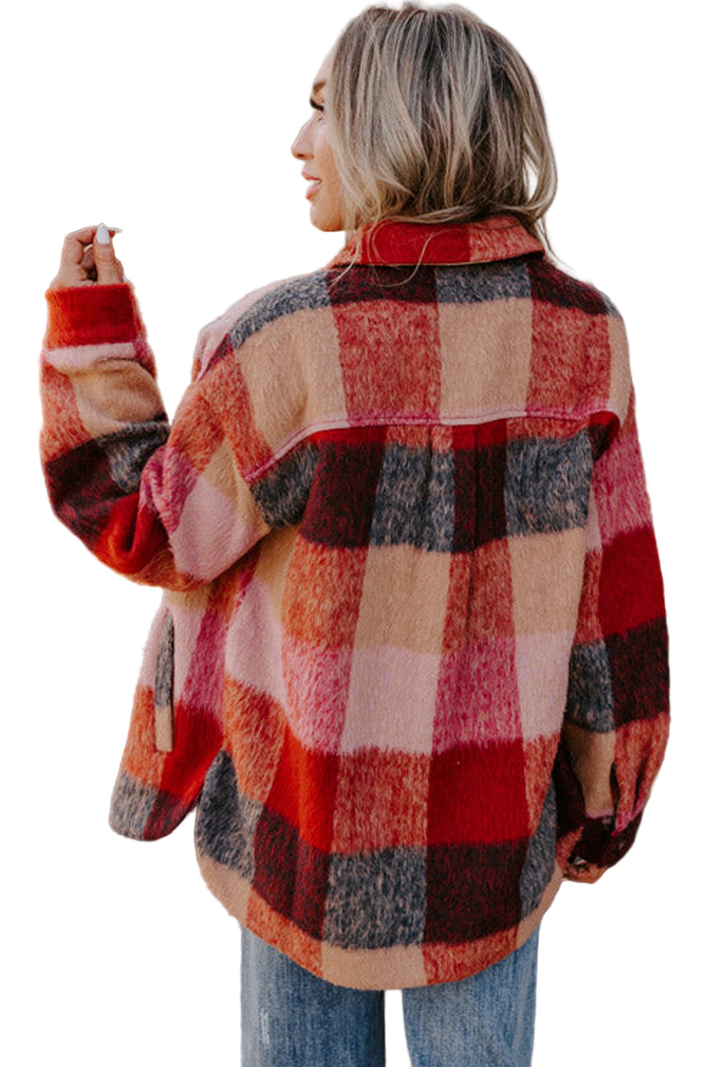 Orange Plaid Print Flap Pockets Buttoned Casual Plus Size Jacket