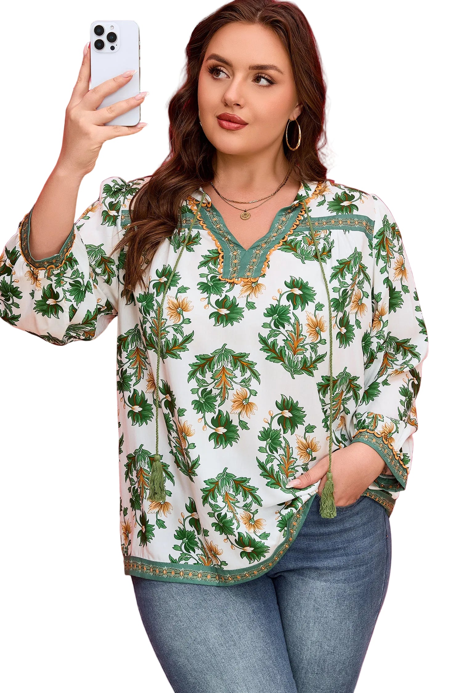 Green Plus Size Floral Printed Contrast Patchwork Detail Tassel Tie 3/4 Sleeve Blouse