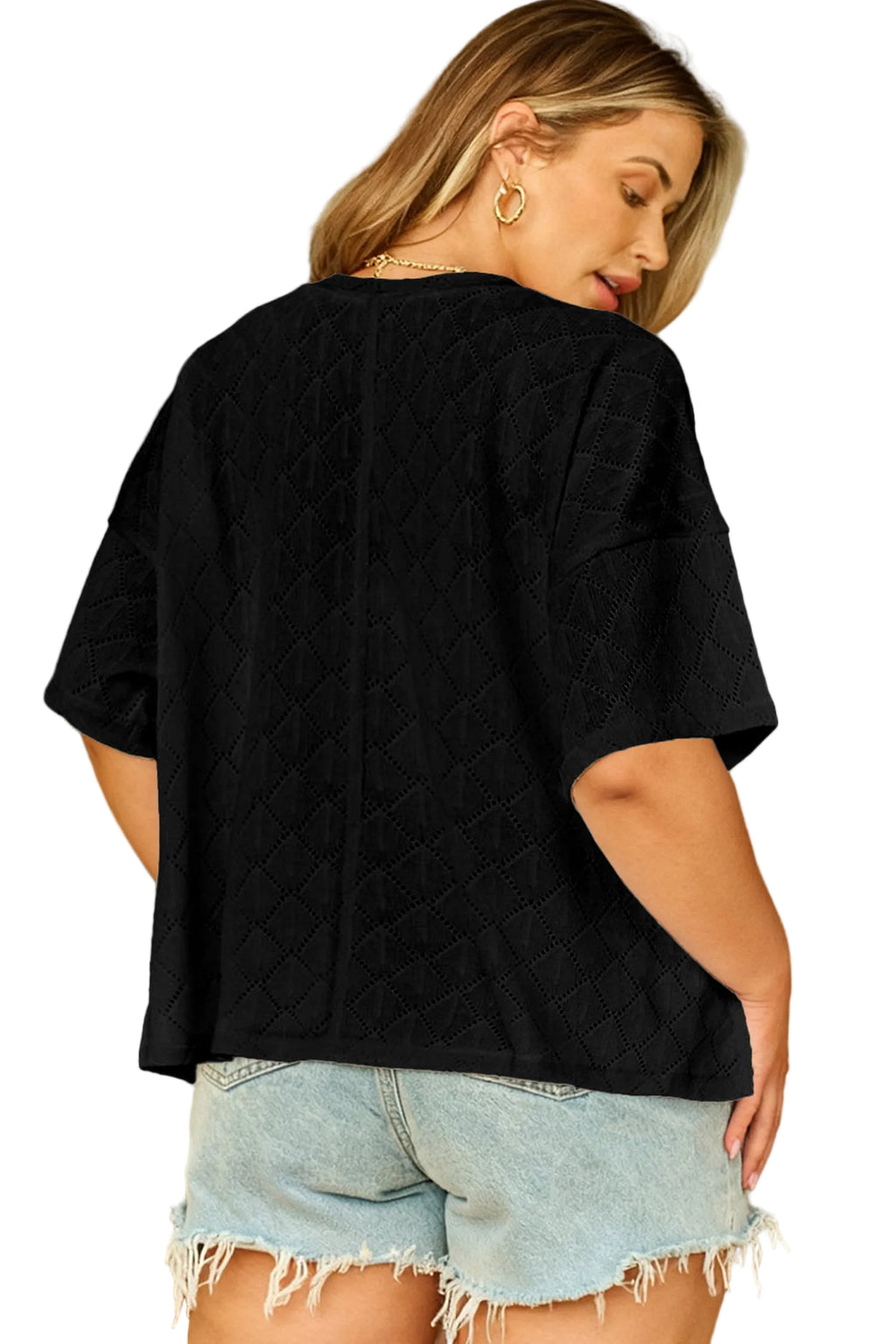 Light Pink Pointelle Rhombus Knit Plus Size V Neck Loose Top