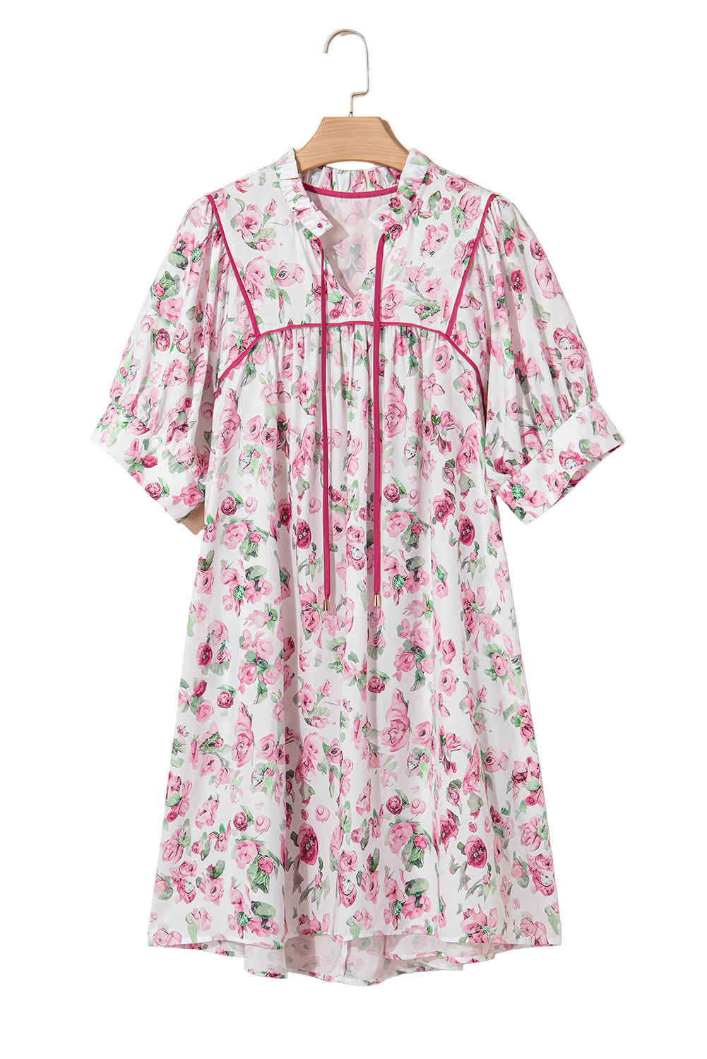 Pink Floral Split Neck Short Sleeve Loose Plus Size Mini Dress