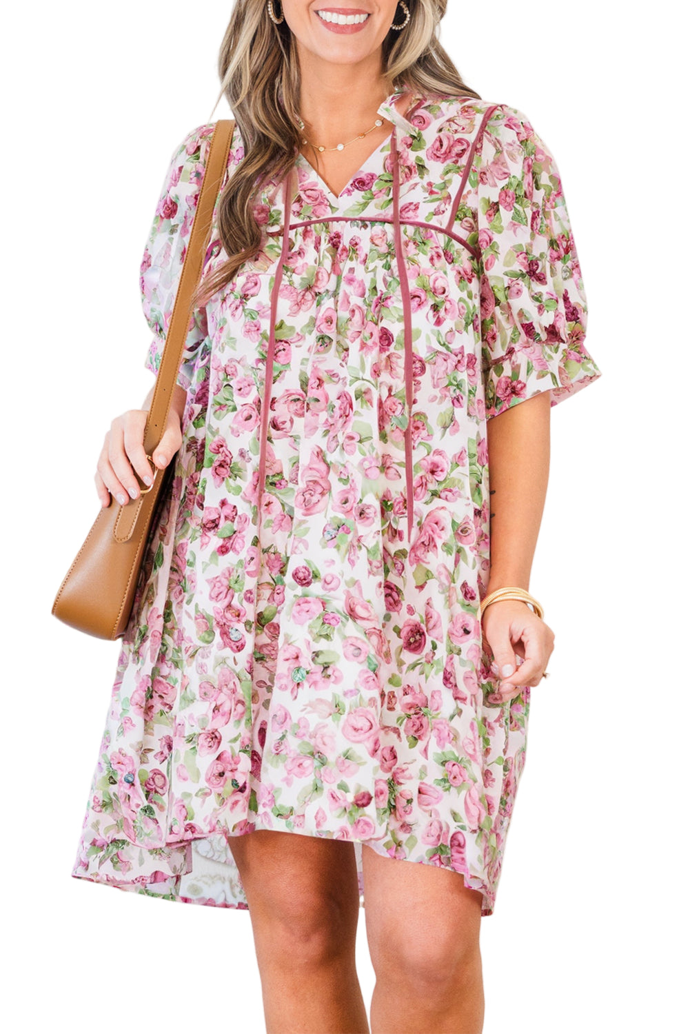 Pink Floral Split Neck Short Sleeve Loose Plus Size Mini Dress