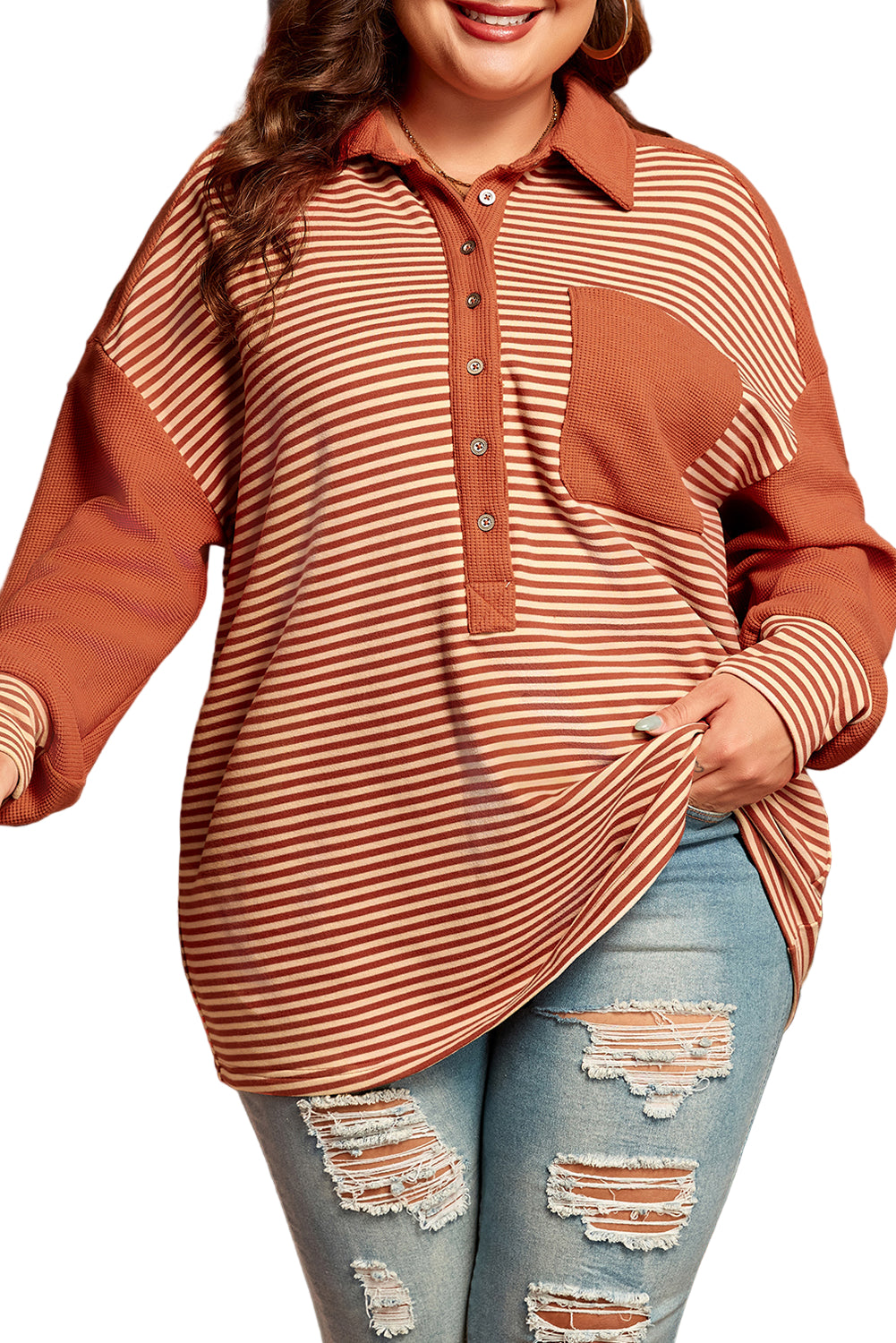 Red Stripe Textured Patched Drop Shoulder Buttoned Plus Size Sweatshirt