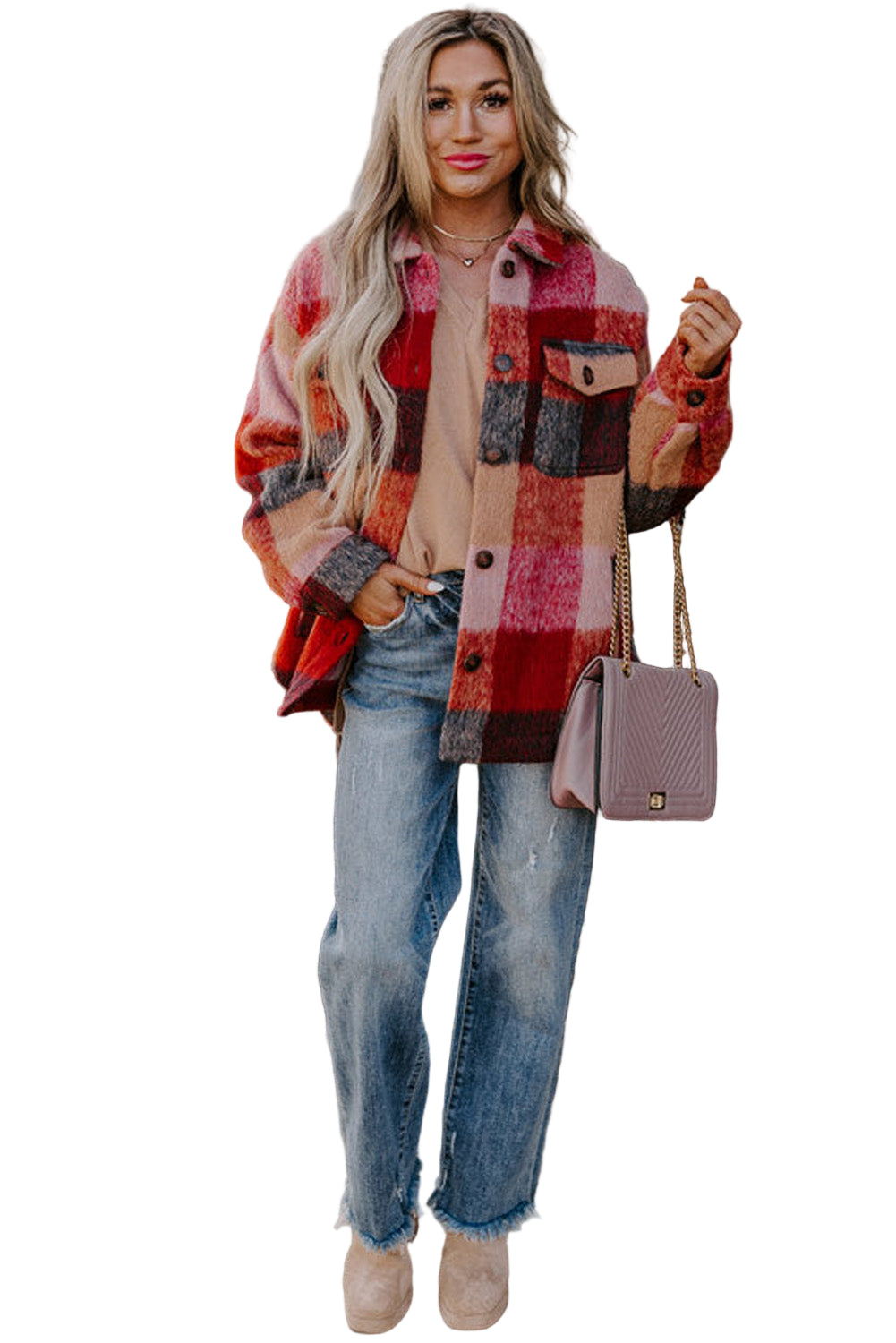 Orange Plaid Print Flap Pockets Buttoned Casual Plus Size Jacket