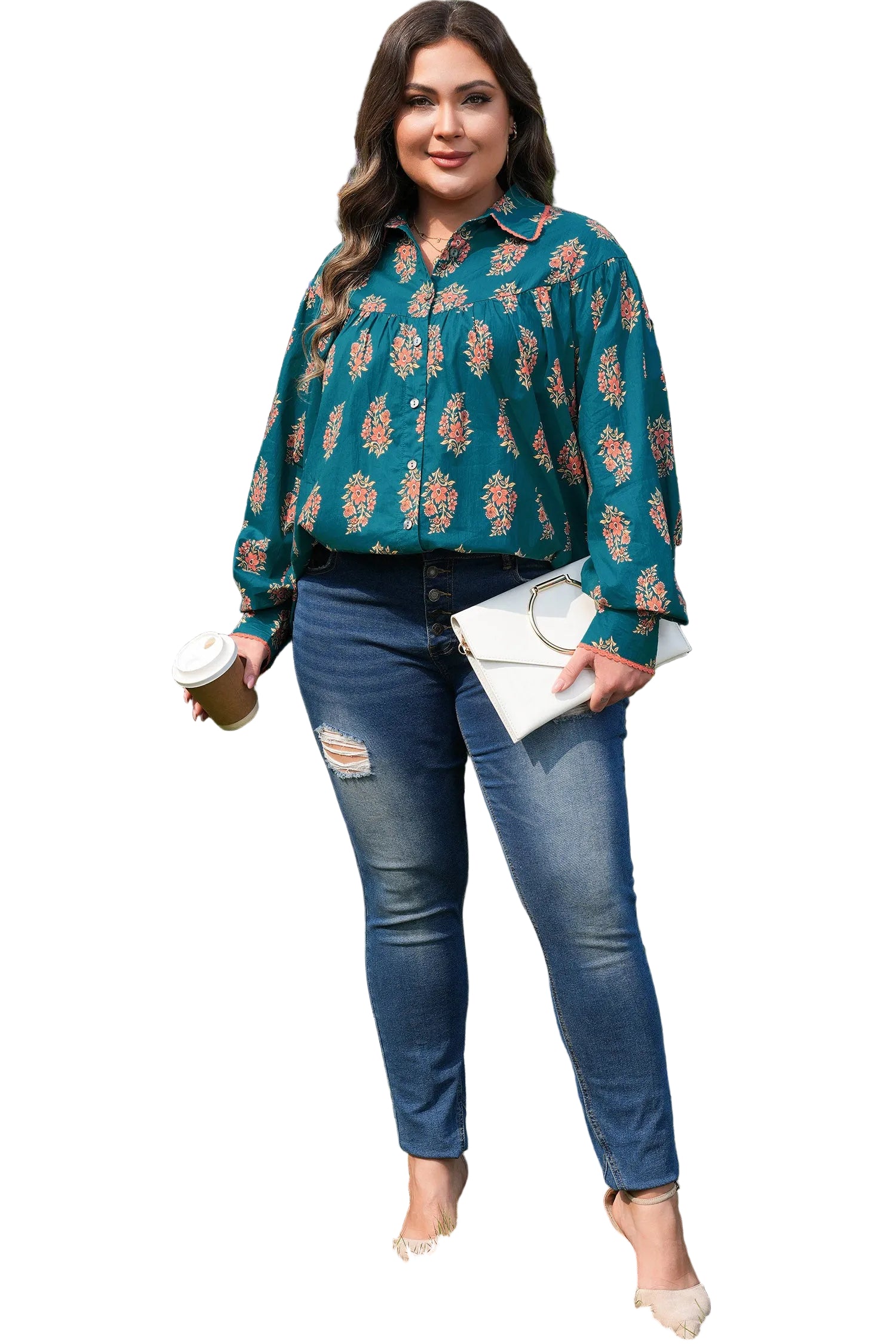 Green Plus Size Floral Print Contrast Lacy Trim Pleated Loose Shirt