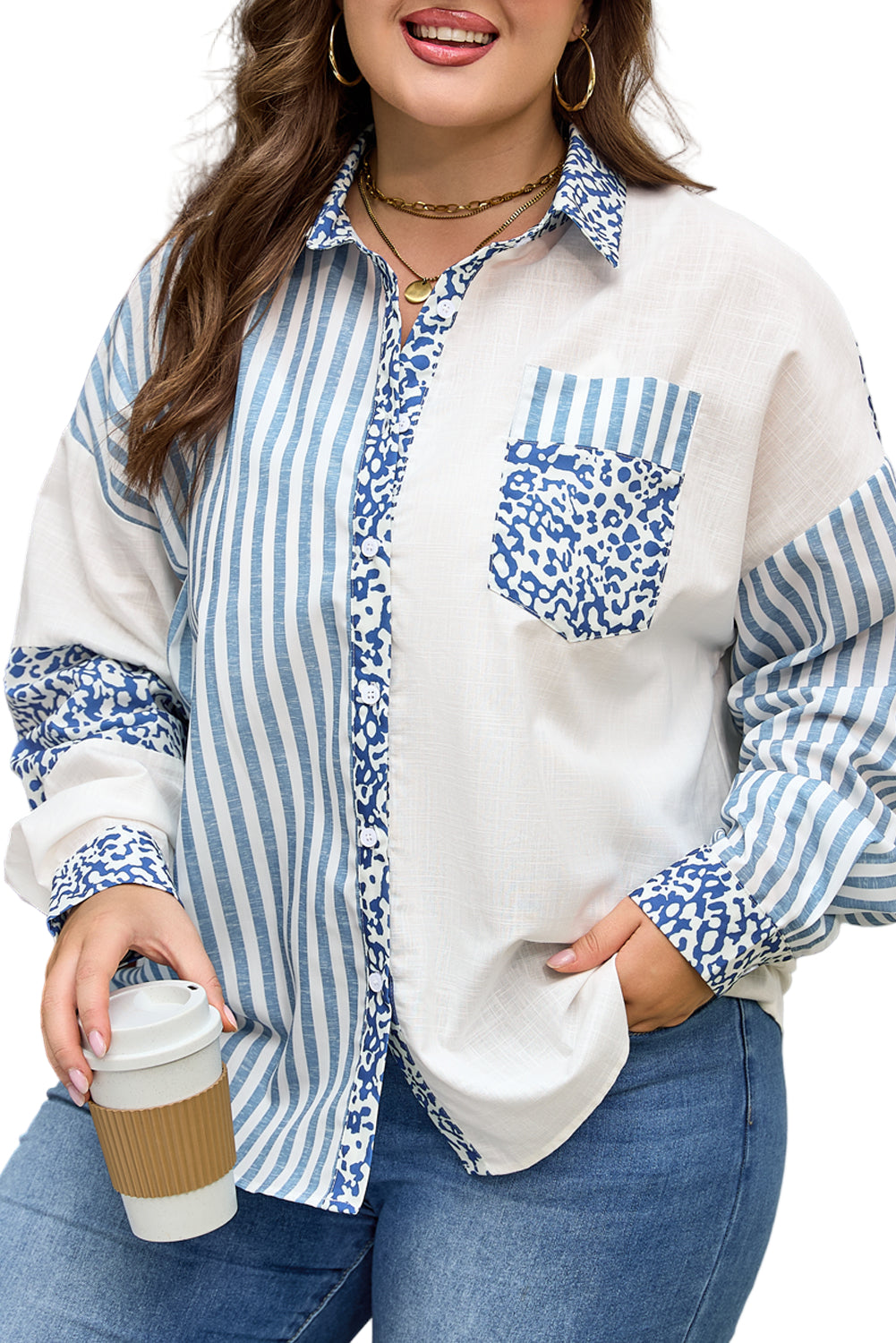 Sky Blue Leopard Striped Patchwork Casual Plus Shirt