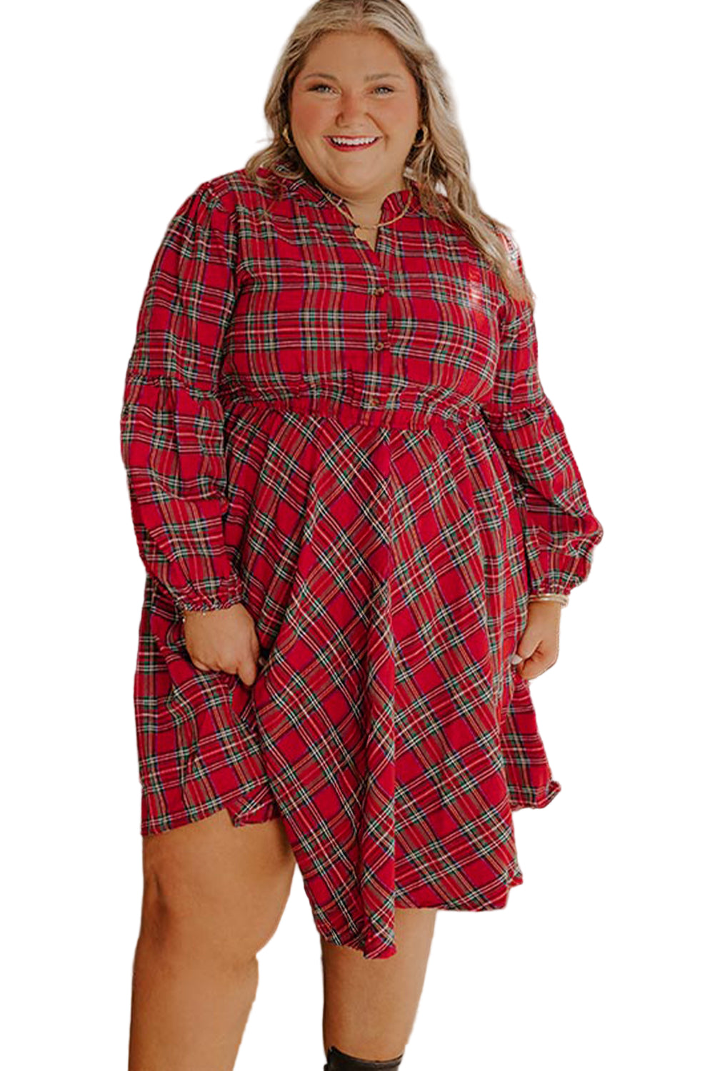 Red Plus Size Plaid Half Button Long Sleeve Holiday Dress