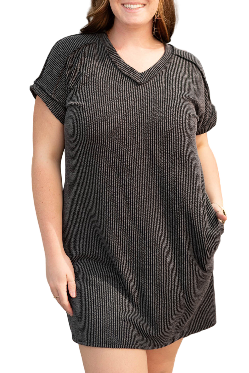 Carbon Grey Corded V Neck Plus Size T Shirt Dress with Pockets