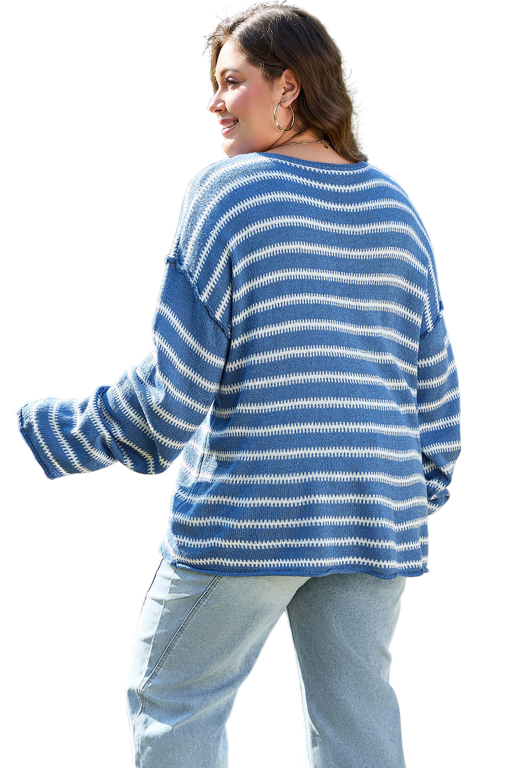 Sky Blue Stripe Drop Shoulder O Neck Plus Size Sweater