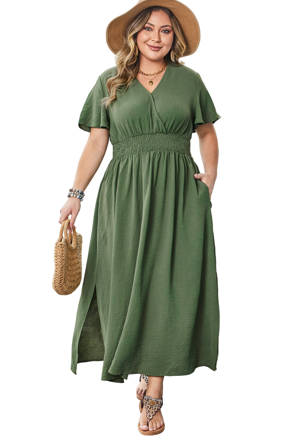 Four Leaf Clover Surplice Neckline Shirred High Waist Plus Size Maxi Dress