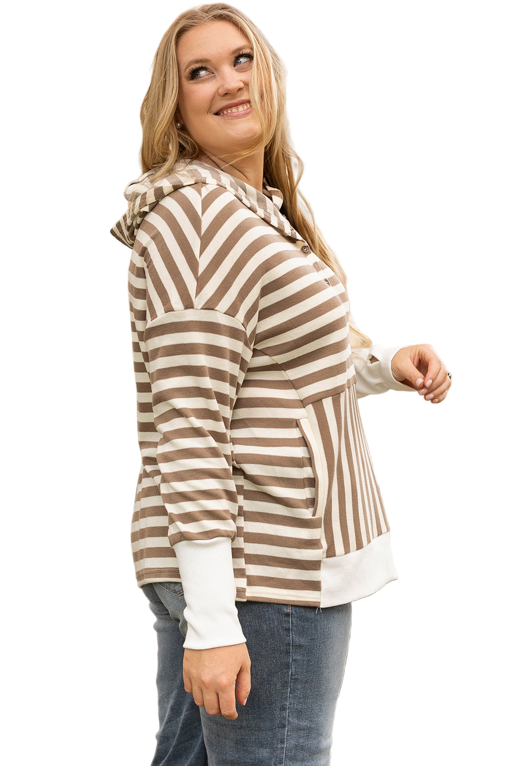 Brown Stripe Quarter Buttons Drop Sleeve Plus Size Hoodie