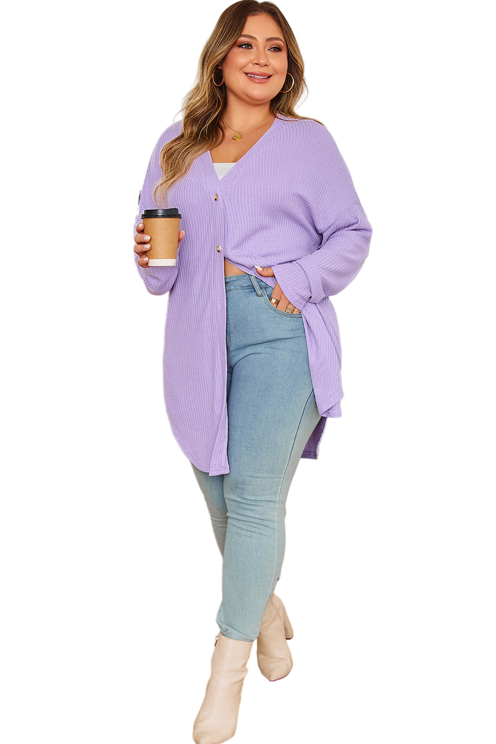 Orchid Petal Plus Size Waffle Knit Button Front Cardigan
