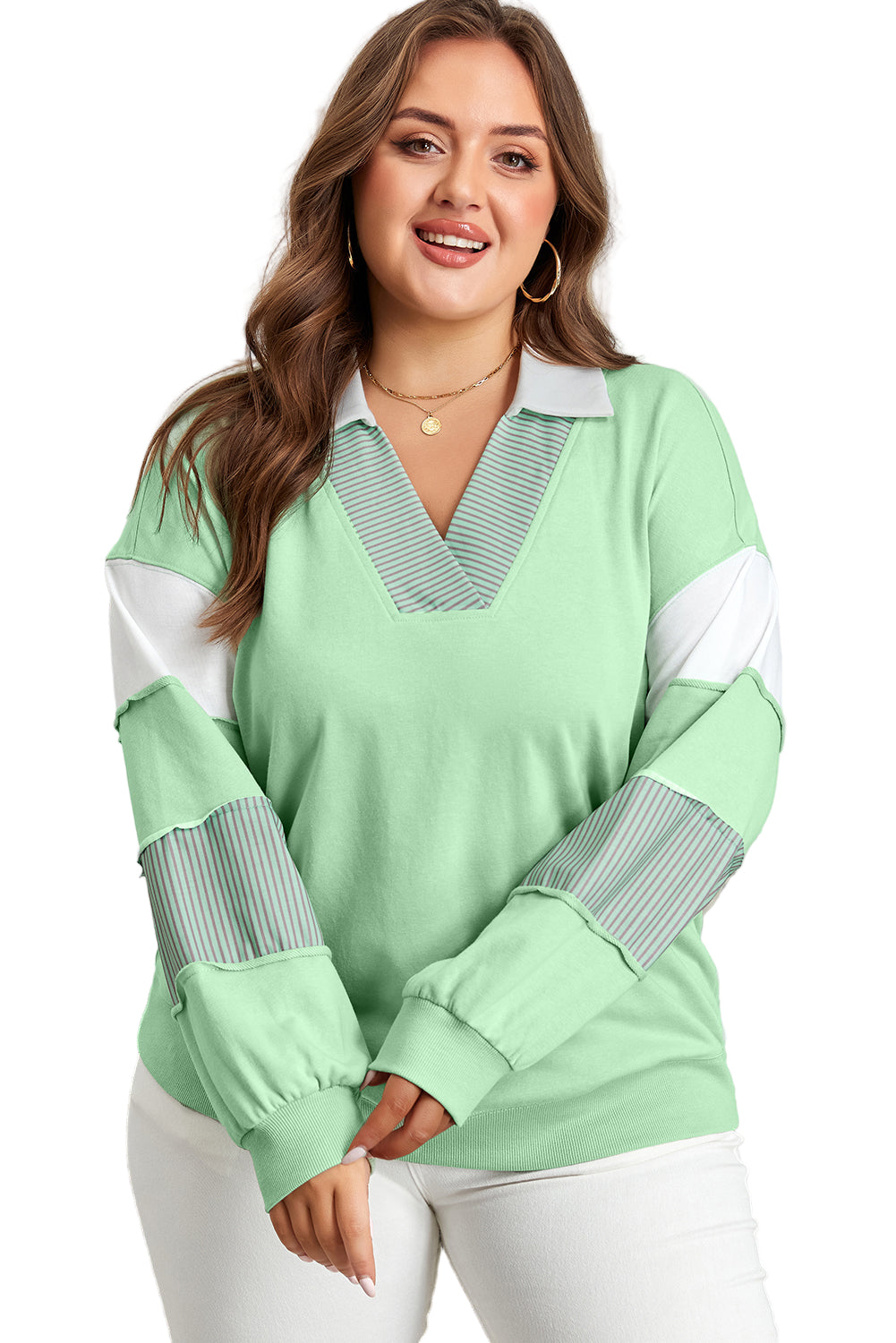 Moonlight Jade Color Block Striped Patchwork Collar V Neck Plus Size Sweatshirt