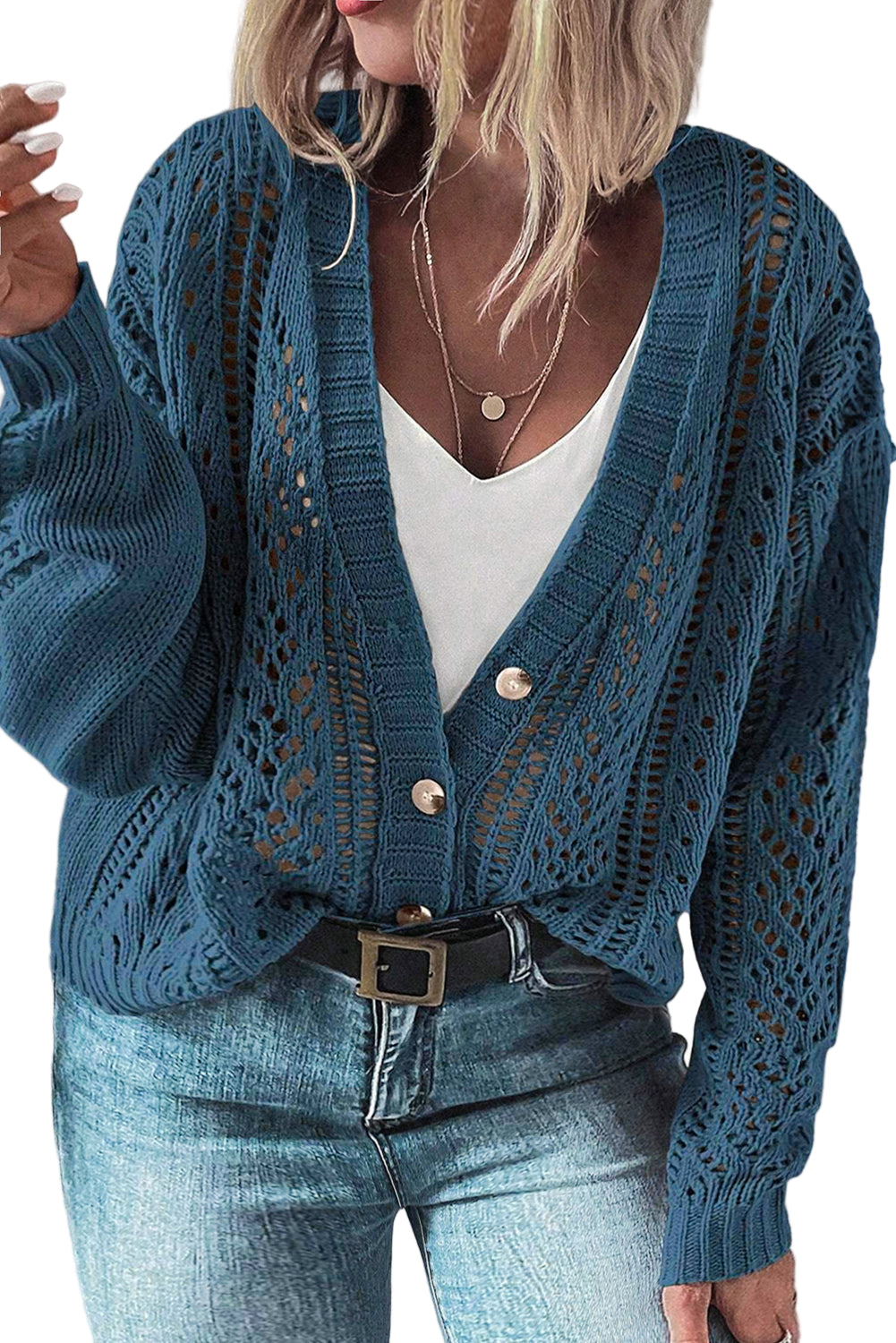 Real Teal Open Knit V Neck Button Front Drop Shoulder Plus Size Cardigan