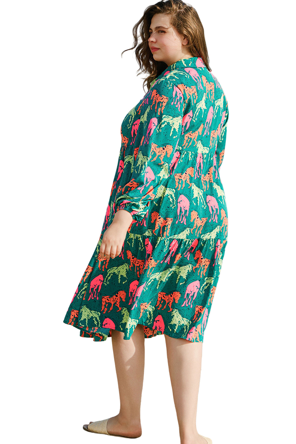Green Horse Printed Long Sleeve Collared Buttoned Plus Size Midi Dress