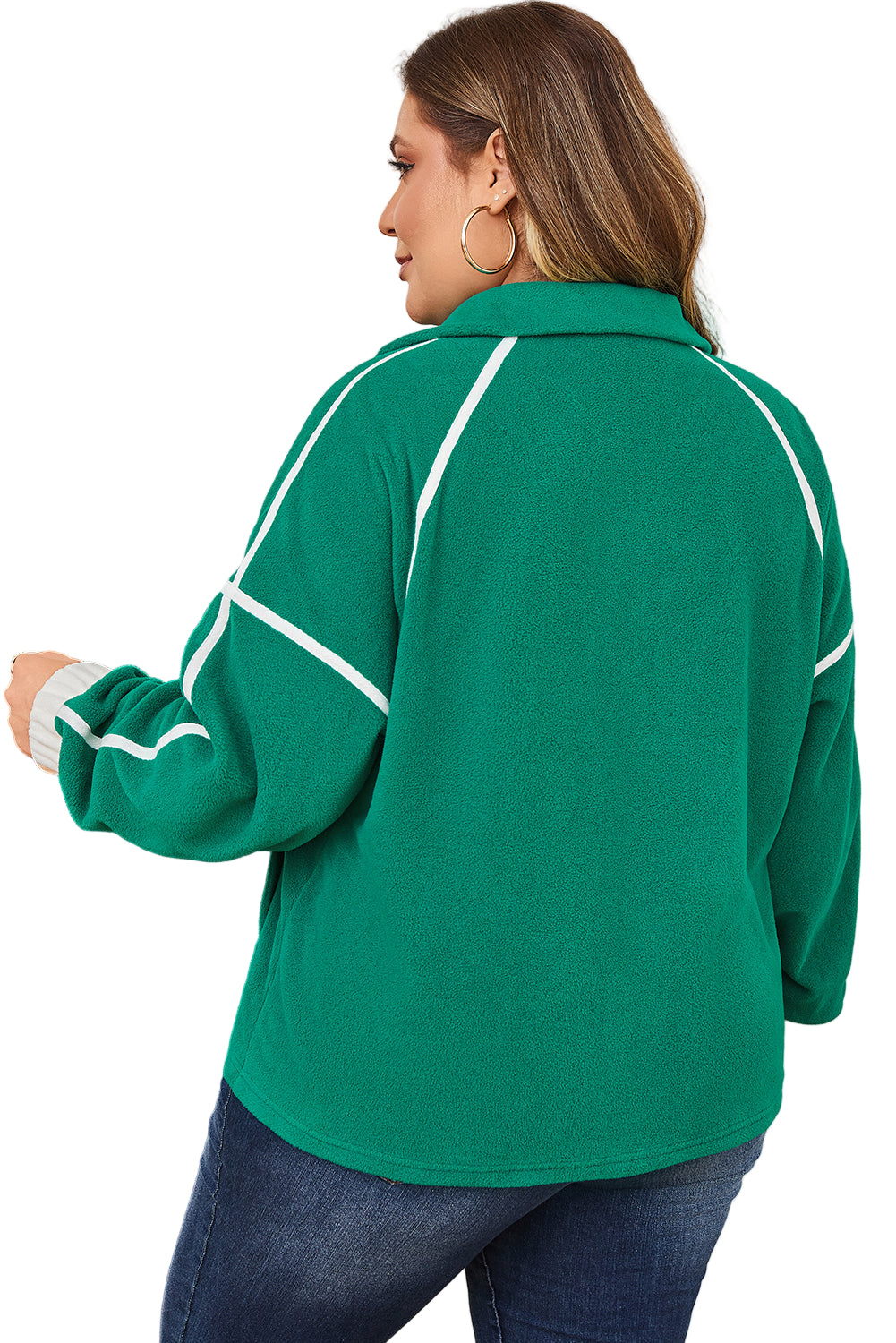 Dark Green Half Zip Contrast Trim Pocketed Plus Size Fleece Sweatshirt
