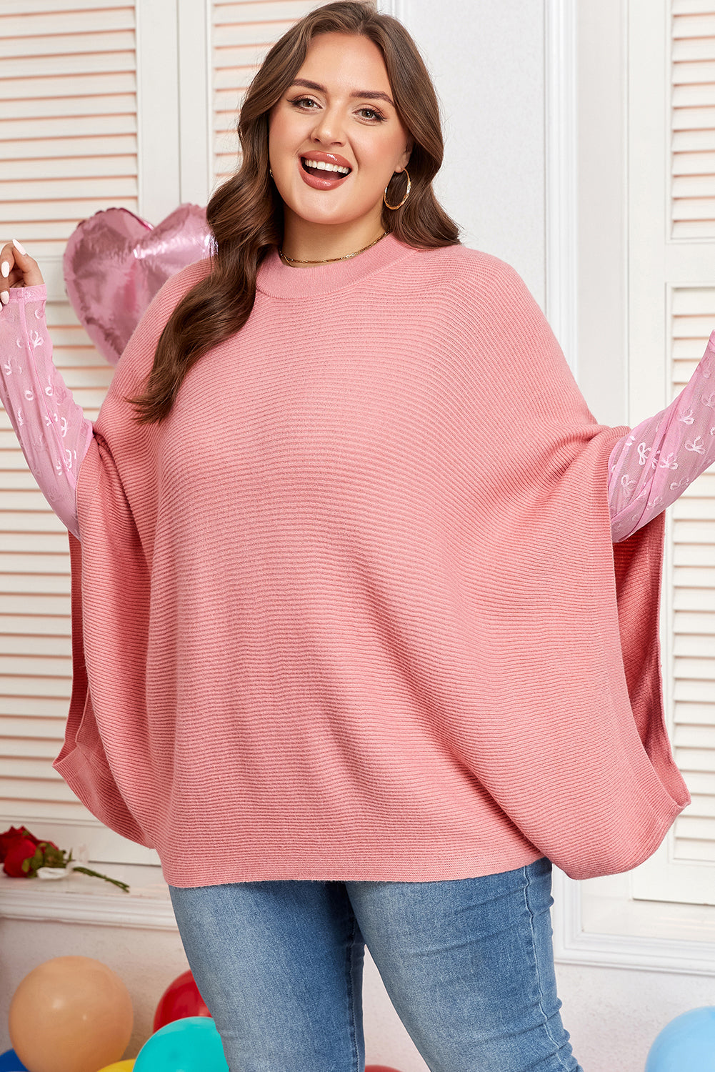 Light Pink Ribbed Knit Half Sleeve Plus Size Poncho Style Sweater