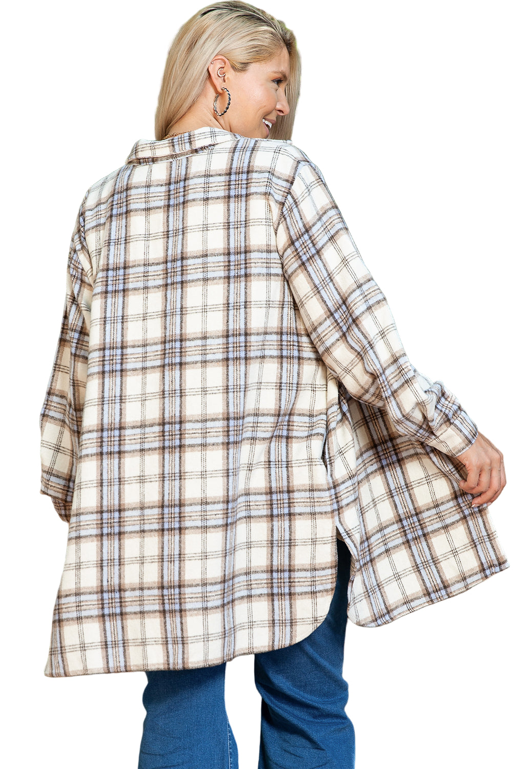 White Plaid Print Tunic Plus Size Shacket with Slits