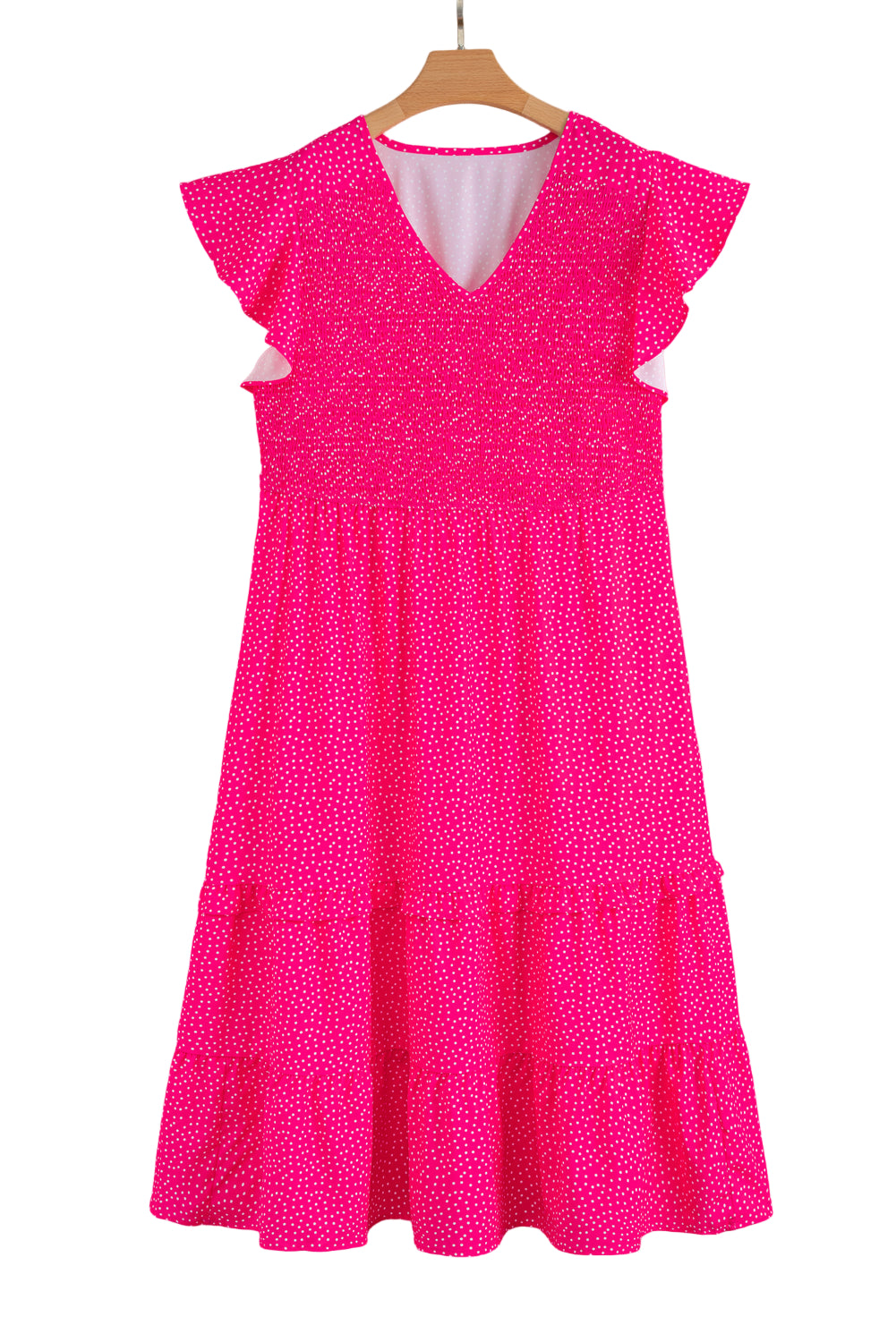 Rose Polka Dot Print Ruffled Smocked High Waist Plus Midi Dress