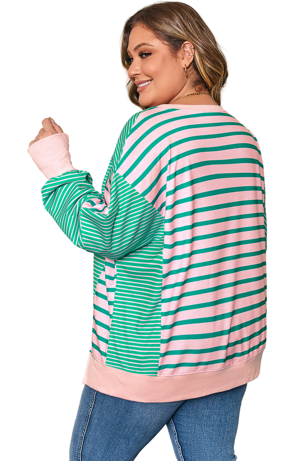 Green Stripe Color Block Exposed Seam Side Slit Plus Size Sweatshirt
