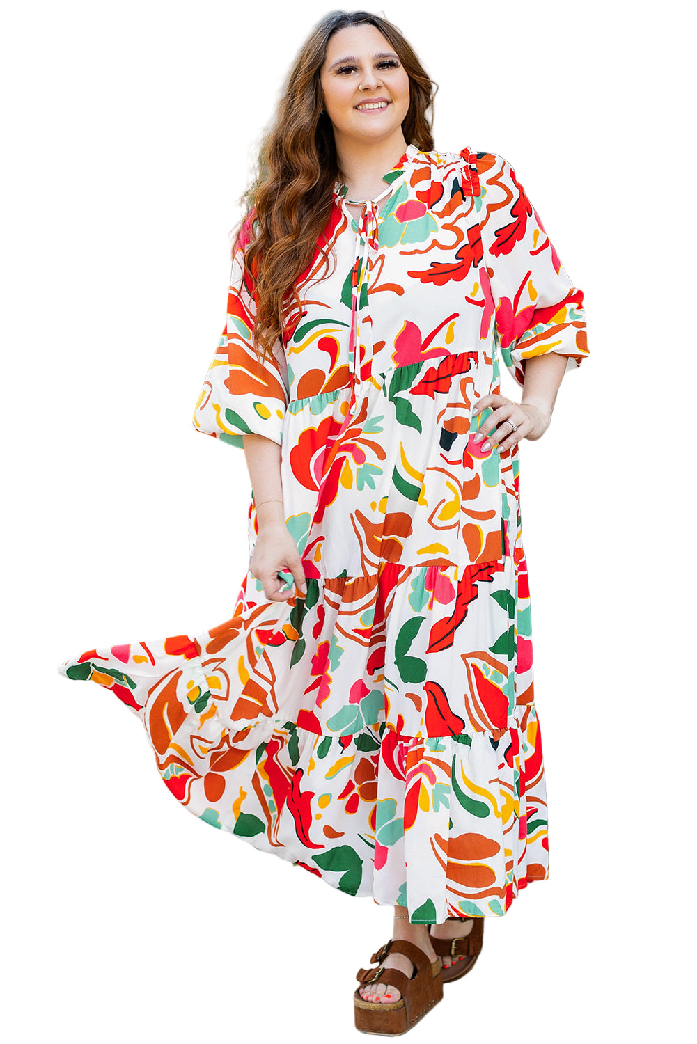Orange Floral Print Drawstring V Neck Tiered Plus Size Dress