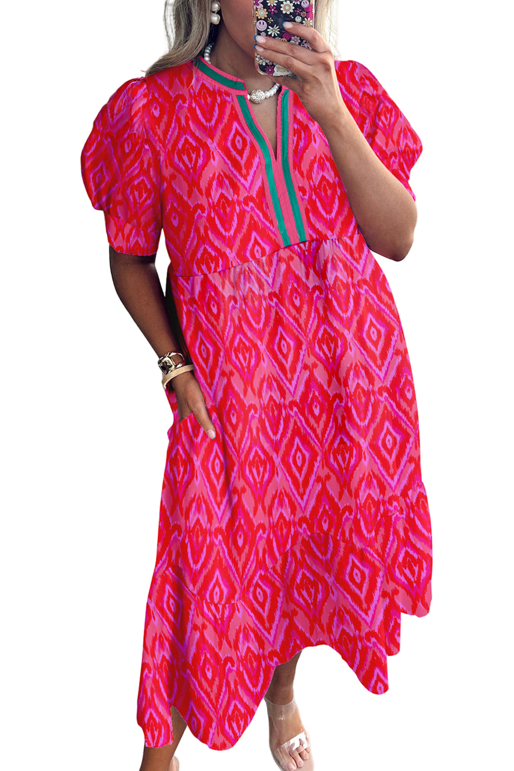 White Allover Print Contrast Split Neckline Short Puff Sleeve Curvy Dress