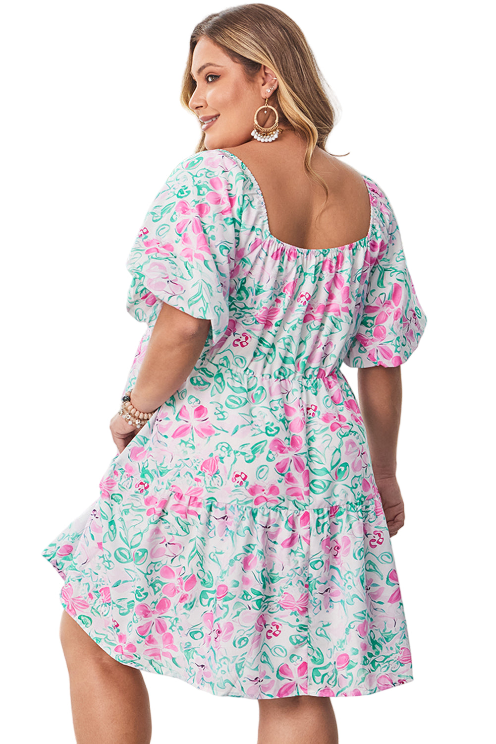 White Floral Print Ric-rac Trim Square Neck Plus Size Mini Dress