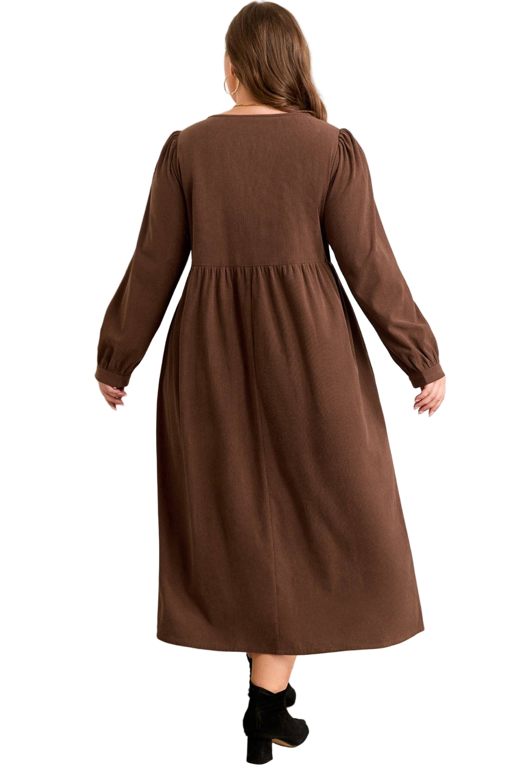 Coffee Embroidered Notched Neckline Textured Pleated High Waist Plus Size Midi Dress