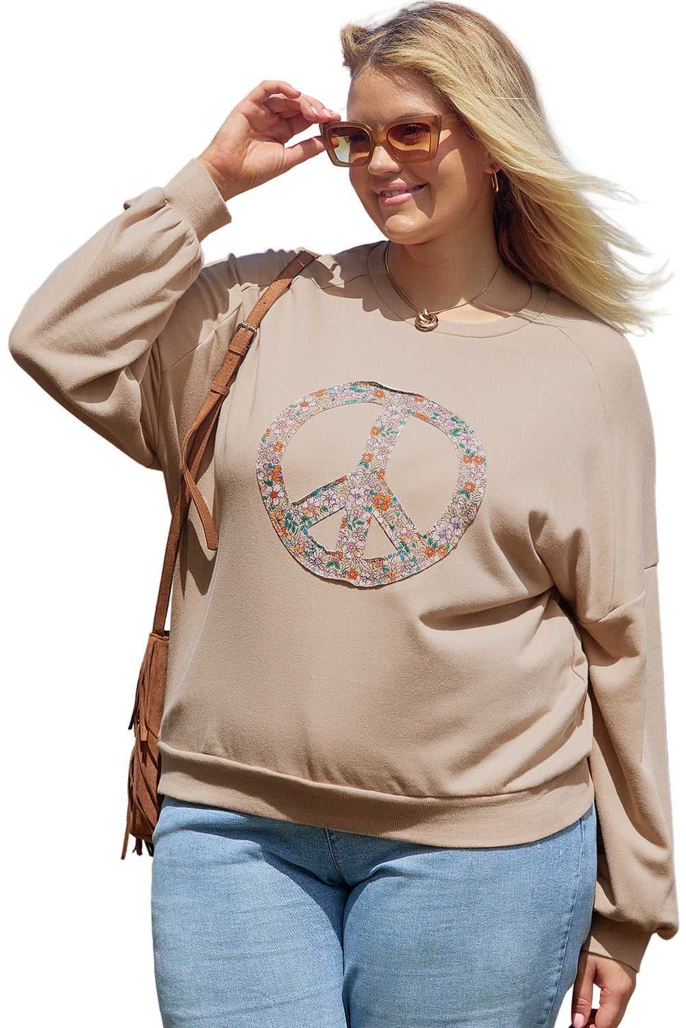 Pale Khaki Floral Peace Sign Graphic Washed Terry Plus Size Sweatshirt