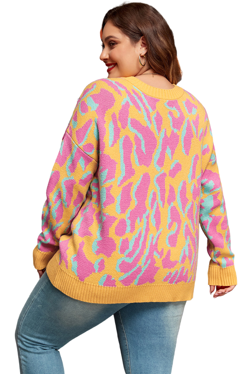 Bright Pink Plus Size Leopard Ribbed Trim Sweater