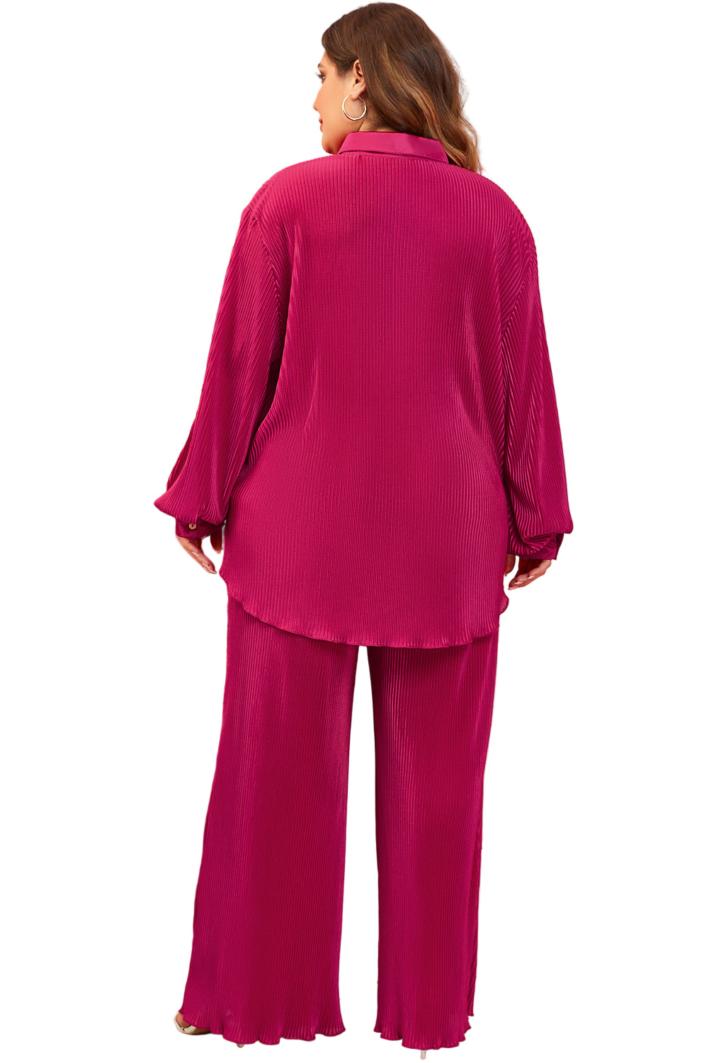 Rose Red Plus Size Ribbed Long Sleeve Shirt and Pants Pajama Set