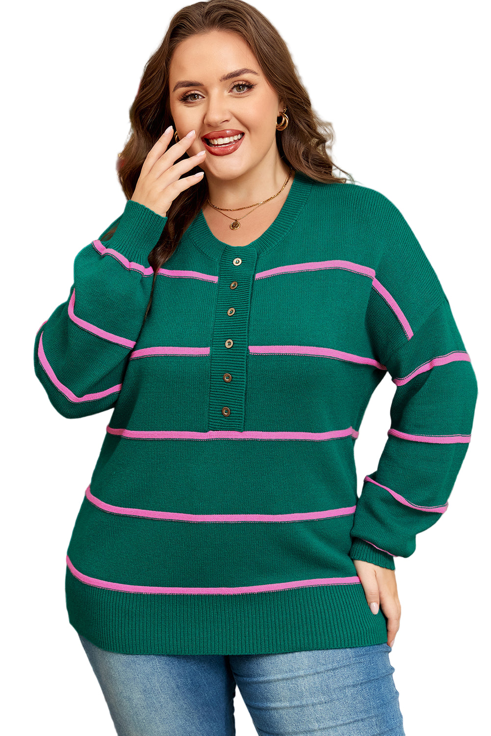 Green Stripe Half Buttons Drop Shoulder Plus Size Sweater