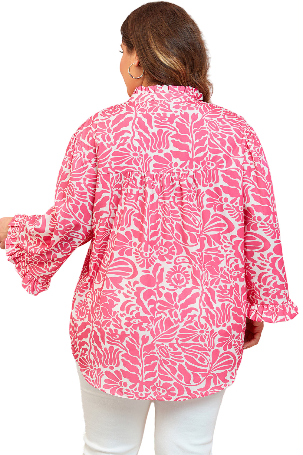 Pink Plus Size Floral Print Frilled Neck Puff Sleeve Blouse