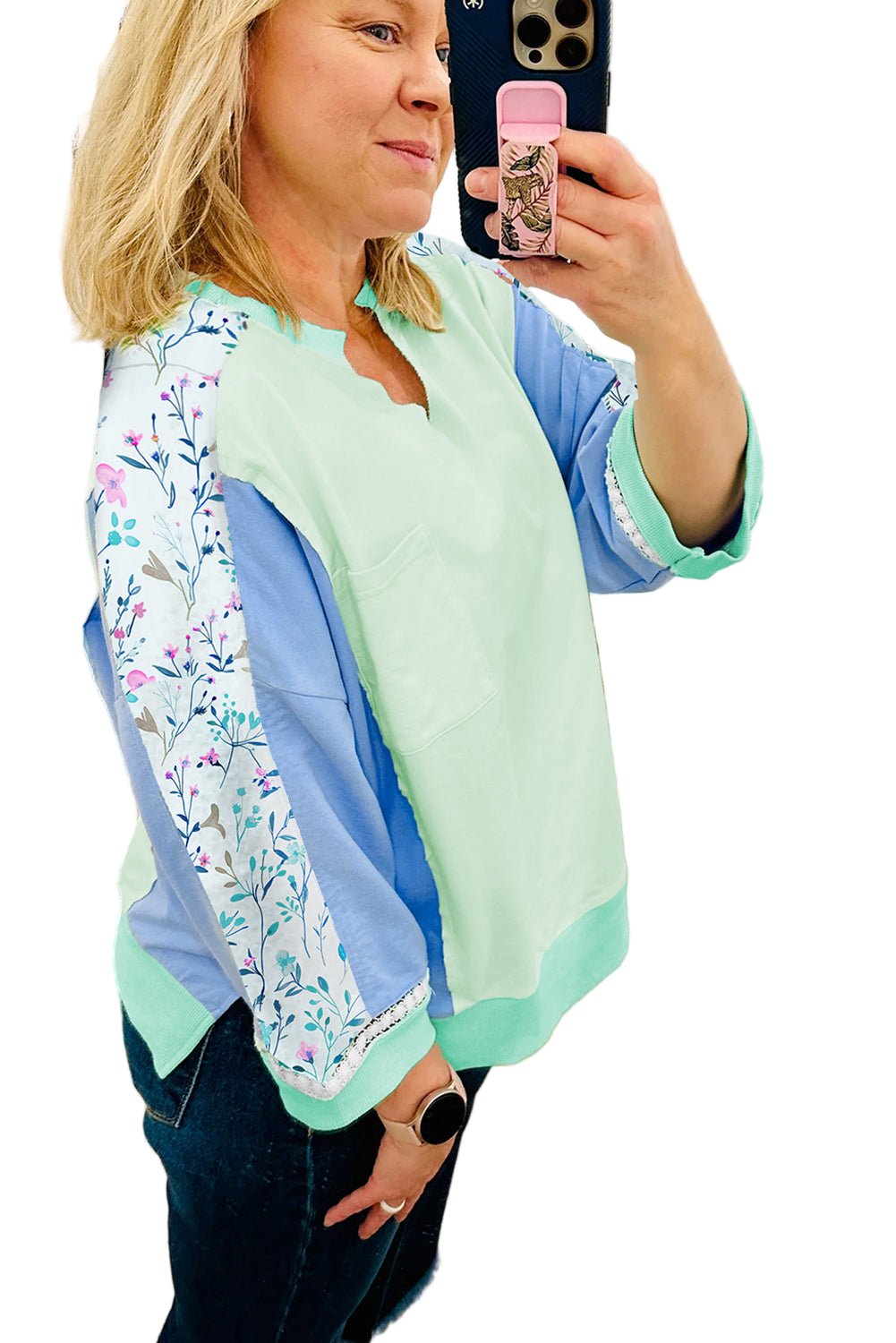 Green Color Block Floral Patchwork Long Sleeve Notched Neck Plus Size Top