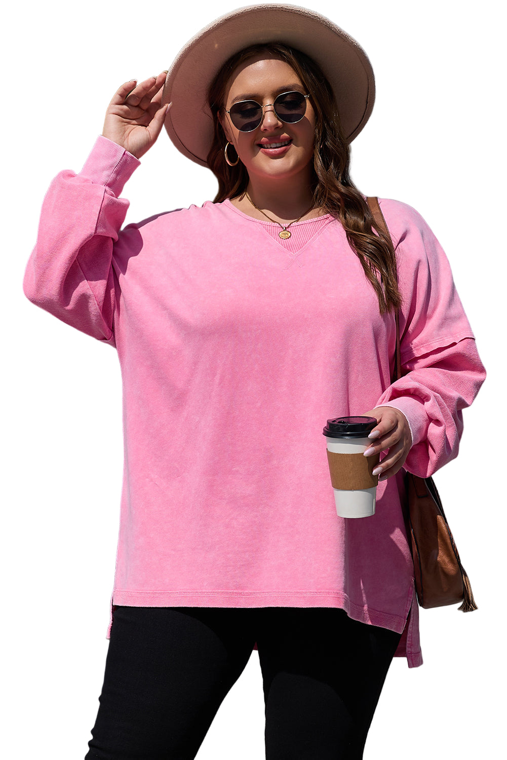 Pink Plus Size Mineral Wash Drop Shoulder Round Neck Sweatshirt
